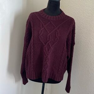 Aerie boxy cable knit sweater. Cozy soft burgundy sweater. Size S